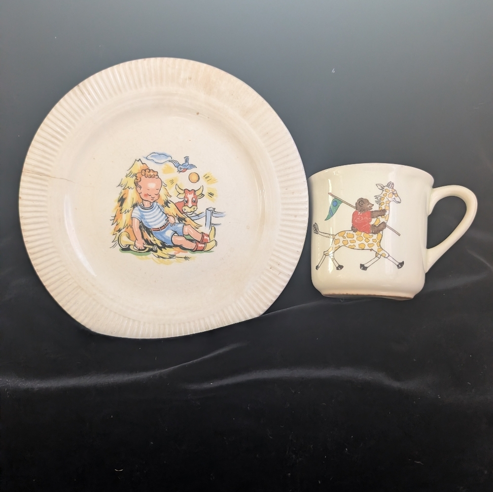 Children's Plate and Mug Set with Playful Illustrations